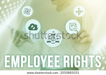 Hand writing sign Employee Rights. Word for All employees have basic rights in their own workplace Lady Holding Tablet Pressing On Virtual Button Showing Futuristic Tech.