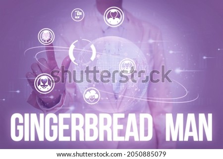 Handwriting text Gingerbread Man. Business showcase cookie made of gingerbread usually in the shape of human Lady In Uniform Holding Tablet In Hand Virtually Tapping Futuristic Tech.