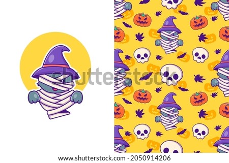 Cute mummy cat and pumpkin happy halloween with seamless pattern