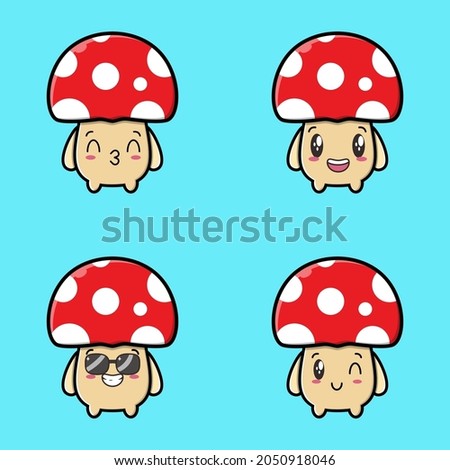 Set Cute mushroom icon face expression. mushroom  vector icon on blue background cartoon icon illustration design isolated flat cartoon style