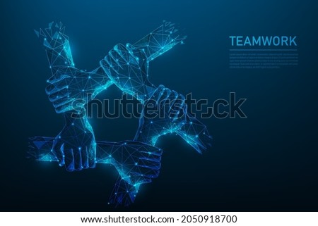 hand teamwork low poly wireframe on blue dark background. people friendship support to success. consist of lines, dots and triangle. vector illustration in fantastic digital design. Royalty-Free Stock Photo #2050918700