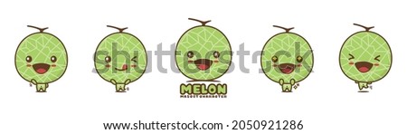 cute melon cartoon mascot, fruit vector illustration, with different facial expressions and poses, isolated on white background