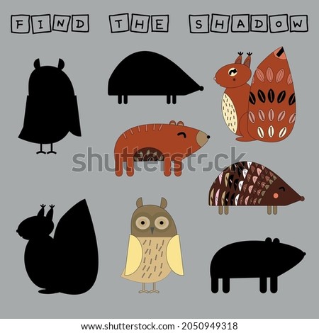 Animal worksheet vector design, the task is to cut and glue a piece on colorful cute hedgehog, squirrel, bear, owl . Logic game for children.