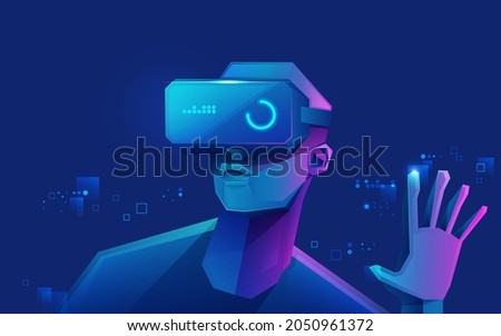 concept of virtual reality technology, graphic of a teenage gamer wearing VR head-mounted playing game Royalty-Free Stock Photo #2050961372