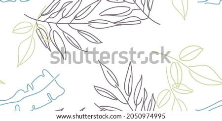 Tropical Leaf. Modern Motif. Pastel One Line Drawing. Jungle Print. Foliage Summer Seamless Pattern. Trending Greenery Vector Background. Artistic Botanical Surface. Abstract Plant Texture For Fashion
