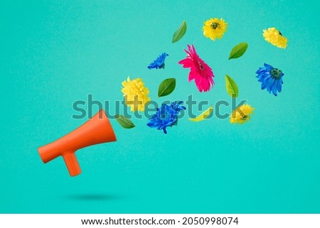 Red megaphone with colorful spring flowers flying on a turquoise background. Positive news, thinking and energy concept. Optimistic future, mood and atitude.Economy, gdp and sales growth concept icon.