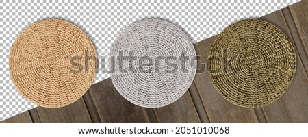 Set colored Round woven straw mats isolated against transparent background. Royalty-Free Stock Photo #2051010068