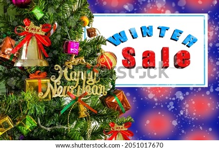 lettering winter sale template with  christmas tree and snowflake .  Poster, label, banner design .