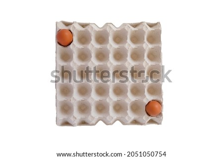 Two eggs in a paper egg tray. Eggs laid apart, top view Bird Eye View isolated on white background.
