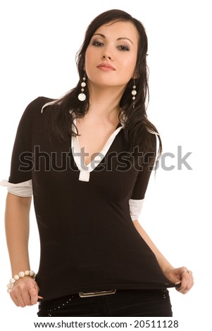 close-up portrait of brunette woman on white background
