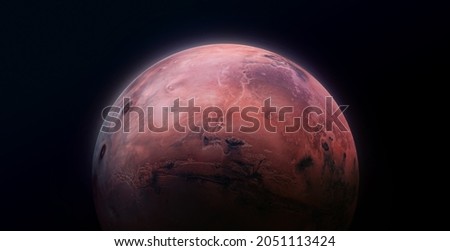 Planet Mars surface. Exploration and expedition on red planet. Red planet isolated on black background. Elements of this image furnished by NASA
