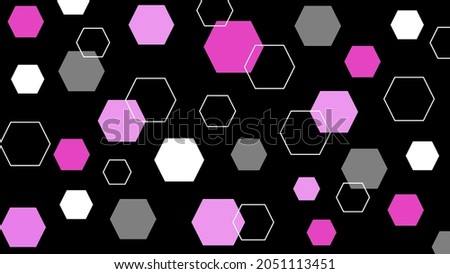 Graphic: Hexagonal geometric shapes, white, pink, gray and white streaks are scattered.
on a black background.