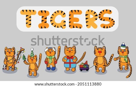 Funny chinese tigers set. Cute cartoon character. The tiger is the symbol of the year 2022. Vector illustration for children. Isolated on a white background.

