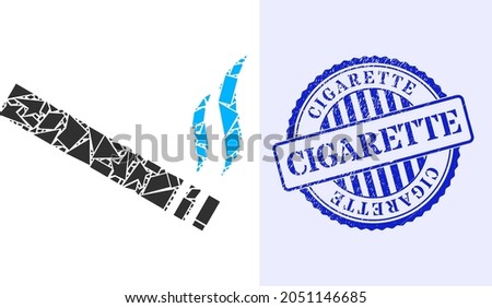Shatter mosaic cigarette smoke icon, and blue round CIGARETTE textured stamp imitation with text inside circle shape. Cigarette smoke mosaic icon of shatter items which have randomized sizes,