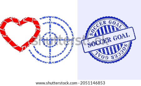 Shard mosaic romantic heart target icon, and blue round SOCCER GOAL unclean rubber print with caption inside round shape. Romantic heart target mosaic icon of shard items which have various sizes,