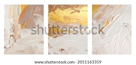 Art acrylic and watercolor smear blot painting. Interior abstract triptych. Beige, brown and gold color canvas texture horizontal background. Royalty-Free Stock Photo #2051163359