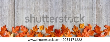 Autumn leaves bottom border over a rustic grey wood banner background. Top view with copy space.