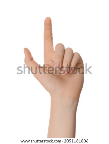 Woman showing index finger isolated on white, closeup