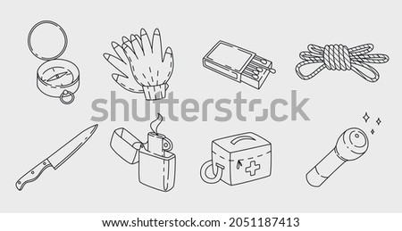 Camping in the woods outline elements collection. Adventure line icons isolated set. Different survival objects in contour design. Expedition equipment.