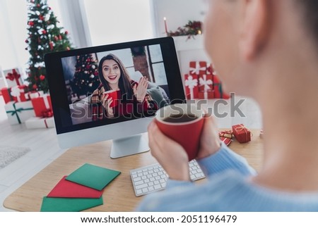 Portrait of attractive cheery girl calling friend saying greetings festal day eve tradition atmosphere at home flat indoors Royalty-Free Stock Photo #2051196479