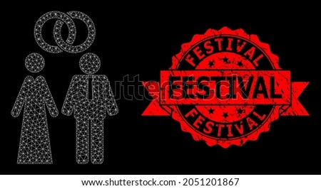 Mesh network marriage persons on a black background, and Festival grunge ribbon seal print. Red seal includes Festival caption inside ribbon.
