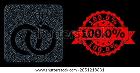 Mesh polygonal jewelry wedding rings on a black background, and 100.0 percent grunge ribbon stamp seal. Red stamp seal includes 100.0 percent text inside ribbon.
