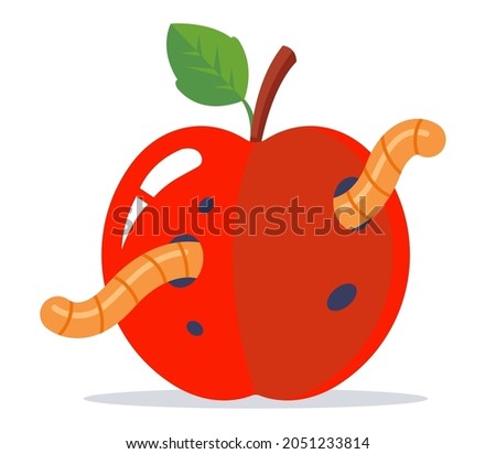 wormy red apple with a green leaf. flat vector illustration.