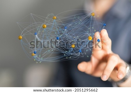 A 3D icon of the internet and network with a hand of a man in the background