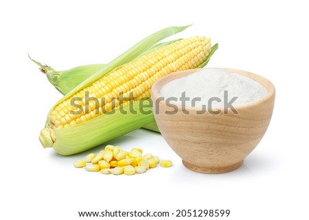 Corn starch in wooden bowl and fresh sweet corn isolated on white background.  Royalty-Free Stock Photo #2051298599