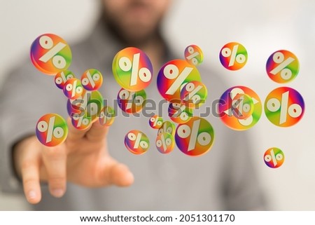 A 3d rendering of percent icons, floating near a hand
