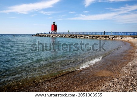 Charlevoix South Pier Light Station at Michigan Beach City Park in summer, Charlevoix, Michigan, USA Royalty-Free Stock Photo #2051303555