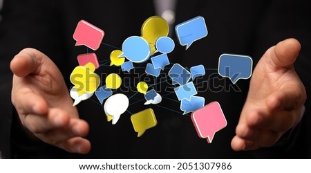 A 3d rendering of communication paper speak bubble digital between male hands with black background