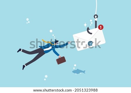 Phishing email, fraud or scam mail offer fake login or password form to steal personal information, online crime concept, greedy businessman diving underwater to catch email envelope with fishing hook