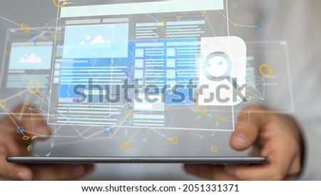 A 3d rendering of media develop interface web application in hand on a tablet