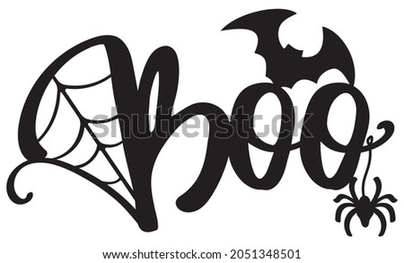 Laser cutting halloween template. Boo scary concept. Lettering design with bat, spider and net. Boo vector sign. Halloween message silhouette.  Isolated on white background. Royalty-Free Stock Photo #2051348501