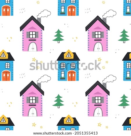 Seamless pattern with cute houses. Vector illustration.
