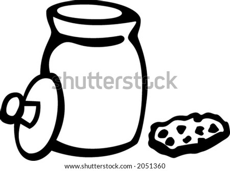 open cookie jar with a chocolate chip cookie black and white vector illustration