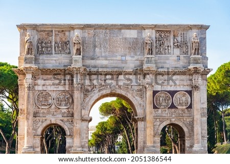 The Arch of Constantine a triumphal arch in Rome (Arco di Costantino) situated near the Colosseum and the Palatine Hill. Rome, Lazio, Italy - September 22, 2021 Royalty-Free Stock Photo #2051386544