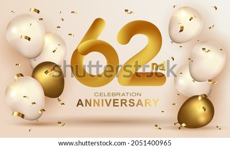 Elegant Greeting celebration birthday Anniversary number 62 sixty two gold. Happy birthday, Happy birthday, congratulations poster. Golden numbers with sparkling golden confetti. Vector background Royalty-Free Stock Photo #2051400965