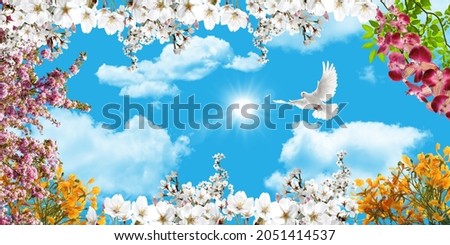 stretch ceiling decoration sky image. beautiful sunny sky and spring flowers. flying white dove. Bottom-up view of the sky and flowers.