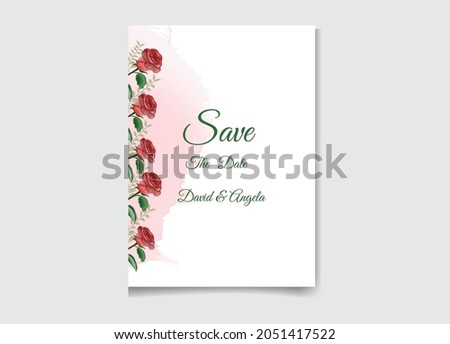 Set of card with flower rose, leaves. Wedding ornament concept. Floral poster, invite.  Wedding invitation envelope mock-up for laser cutting. Vector illustration.