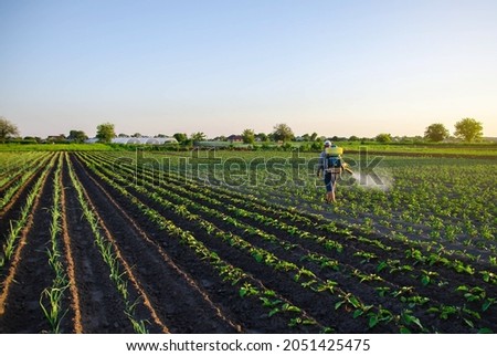 Farmer sprays a potato plantation with a sprayer. Effective crop protection of cultivated plants against insects and fungal. Chemical treatment. Mist sprayer, fungicide and pesticide. Working on field