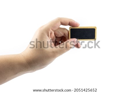 Man hand holding wooden signboard isolated on white background. with copy space and design