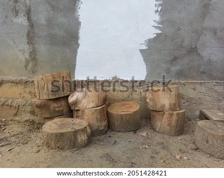 Pieces of old teak wood, wooden seat, natural product