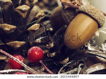 Christmas vintage background with candle and bauble.Winter composition. Christmas concept