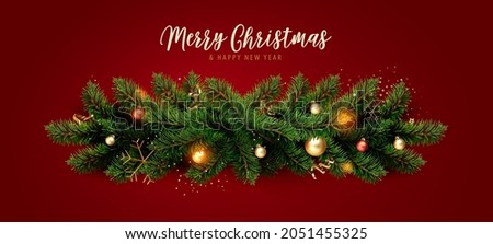 Xmas background with Season Wishes. Christmas border of Christmas tree branches with glitter golden confetti and balls. Realistic vector illustration.