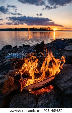 Campfire on a lonely island in Sweden Royalty-Free Stock Photo #2051459852