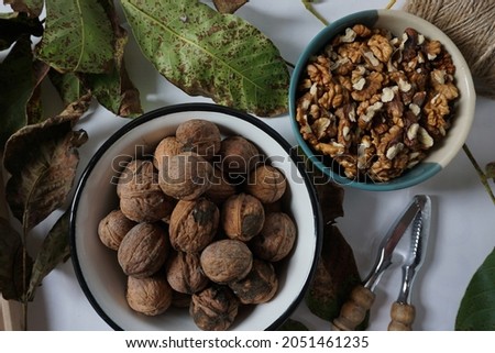 Top view presentation of whole walnuts and walnut kernels                