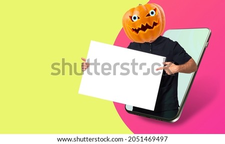 Halloween art banner. Man with pumpkin halloween head. He points to blank banner. Man at phone screen. Collage on theme of halloween in magazine style. Jack's lantern from pumpkin. All Saints' Eve