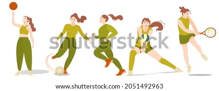 A set of illustrations with beautiful girls - athletes. Football player, basketball player, tennis player, runner, volleyball player. The concept of sports, playing sports, active lifestyle. Vector il